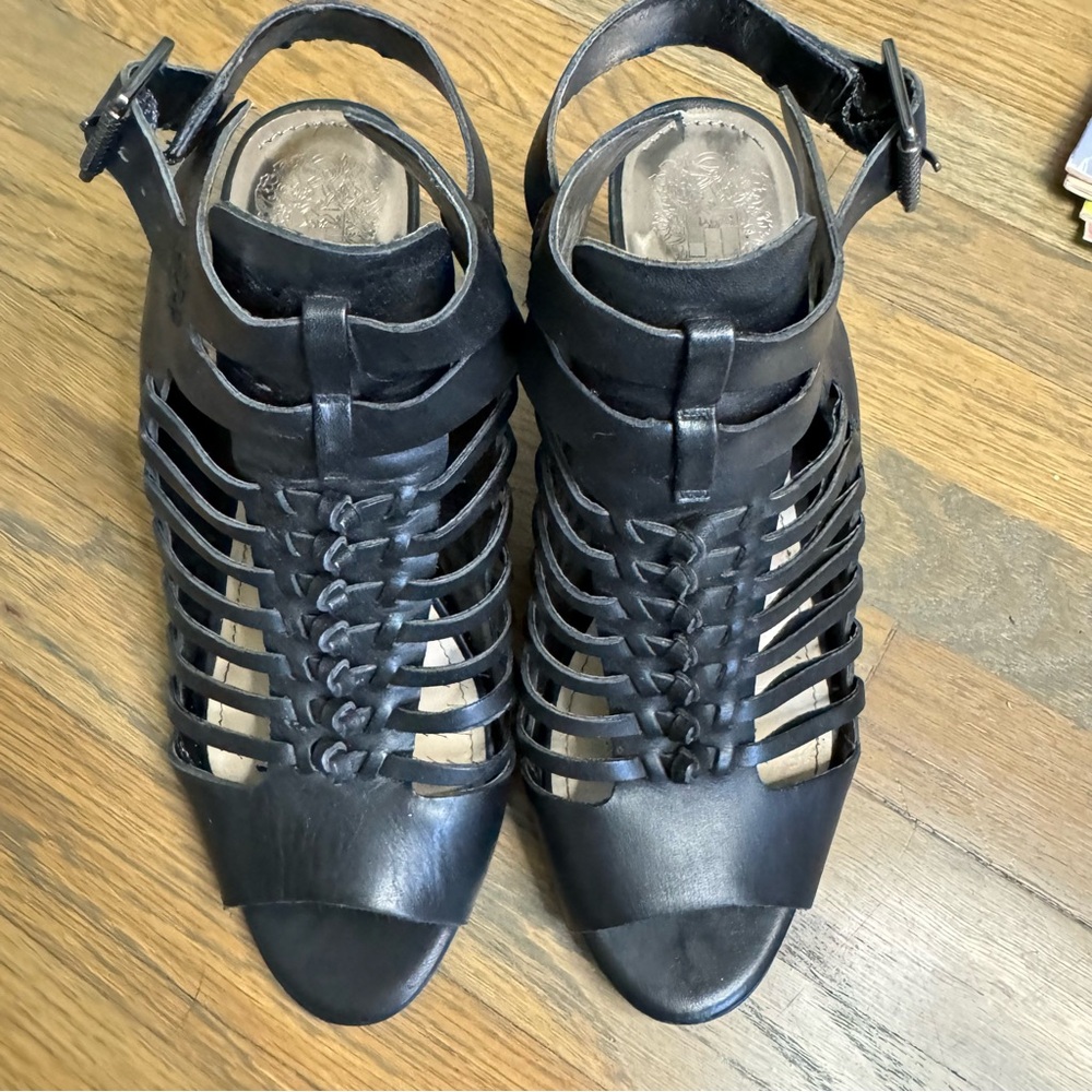 Vince Camuto Estelli Black Leather Caged Wedge Sandals Size 8